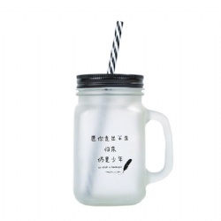 Frost Spray with Words Decor Glass Mason Jar with Plastic Straw