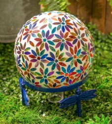 Rainbow Flower Design Mosaic Gazing Ball with Dragonfly Metal Stand  Handmade Craft