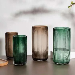 Cylinder Ribbed Glass Flower Pot Man-Made Blown Craft